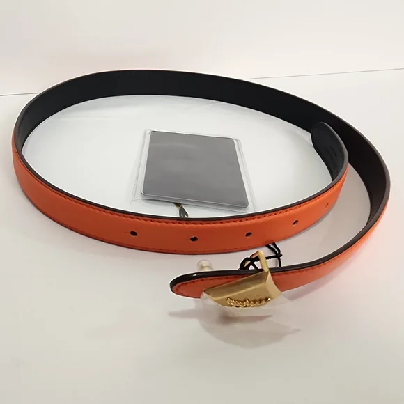 MCM Reversible Diamond Logo Belt Embossed Orange Black Leather Belt Gold 085 New MCM Claus M Reversible Belt Orange in Embossed Leather - US main image 3